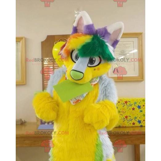 Yellow green and purple hairy cat mascot - Redbrokoly.com