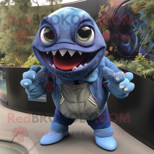 Blue Piranha mascot costume character dressed with a Sweatshirt and Rings