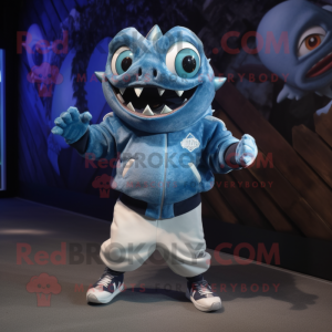 Blue Piranha mascot costume character dressed with a Sweatshirt and Rings