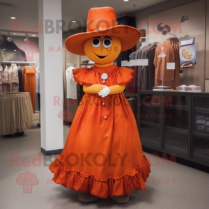 Orange Goulash mascot costume character dressed with a Empire Waist Dress and Hat pins