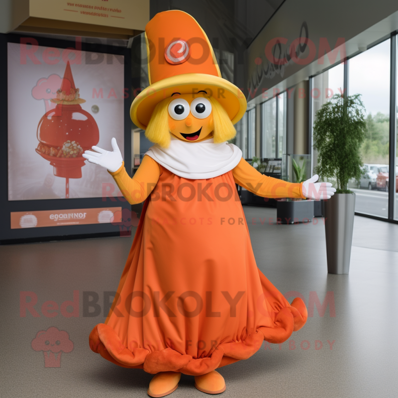 Orange Goulash mascot costume character dressed with a Empire Waist Dress and Hat pins