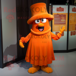 Orange Goulash mascot costume character dressed with a Empire Waist Dress and Hat pins