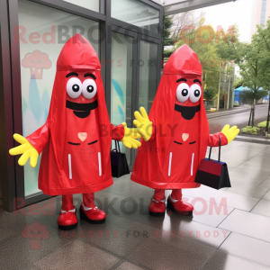 Red French Fries mascot costume character dressed with a Raincoat and Briefcases