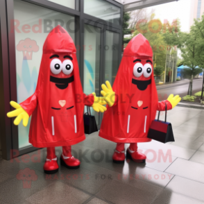 Red French Fries mascot costume character dressed with a Raincoat and Briefcases