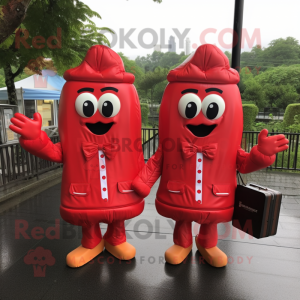 Red French Fries mascot costume character dressed with a Raincoat and Briefcases