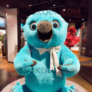 Cyan Giant Sloth mascot costume character dressed with a Sweater and Bow ties