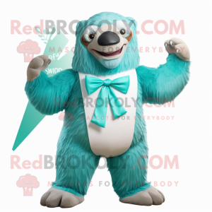 Cyan Giant Sloth mascot costume character dressed with a Sweater and Bow ties