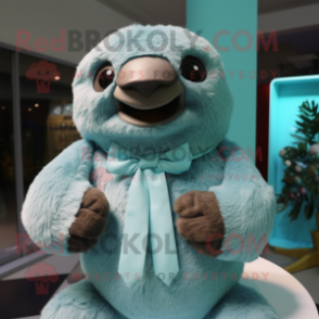 Cyan Giant Sloth mascot costume character dressed with a Sweater and Bow ties