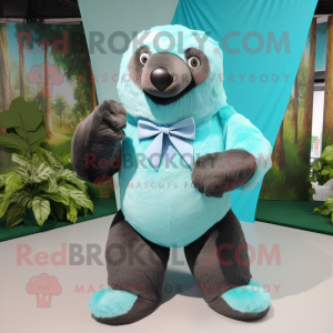 Cyan Giant Sloth mascot costume character dressed with a Sweater and Bow ties