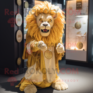 Gold Lion mascot costume character dressed with a Skirt and Shawl pins