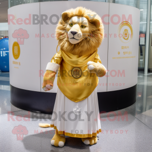 Gold Lion mascot costume character dressed with a Skirt and Shawl pins