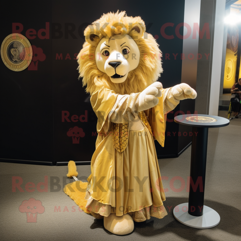 Gold Lion mascot costume character dressed with a Skirt and Shawl pins