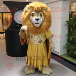 Gold Lion mascot costume character dressed with a Skirt and Shawl pins