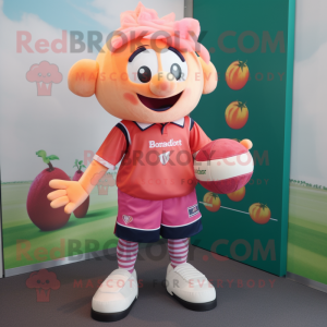 Peach Raspberry mascot costume character dressed with a Rugby Shirt and Cummerbunds