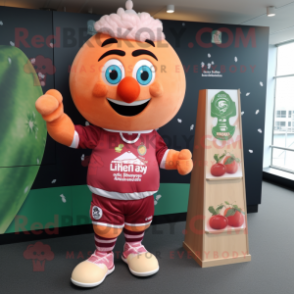 Peach Raspberry mascot costume character dressed with a Rugby Shirt and Cummerbunds