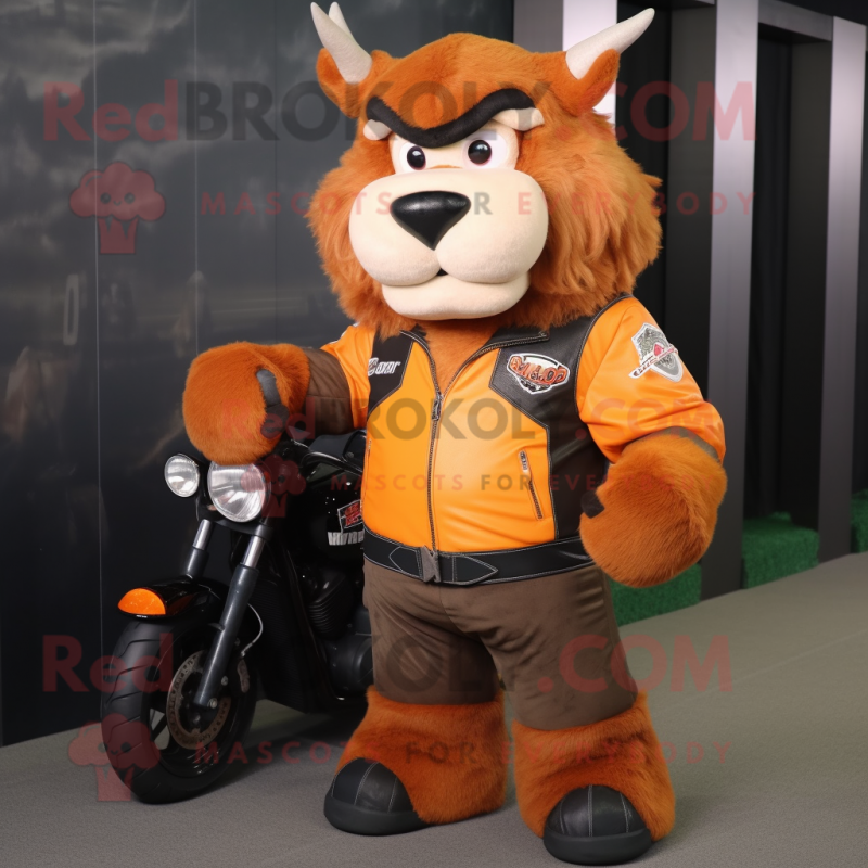 Peach Buffalo mascot costume character dressed with a Biker Jacket and Foot pads