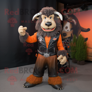 Peach Buffalo mascot costume character dressed with a Biker Jacket and Foot pads