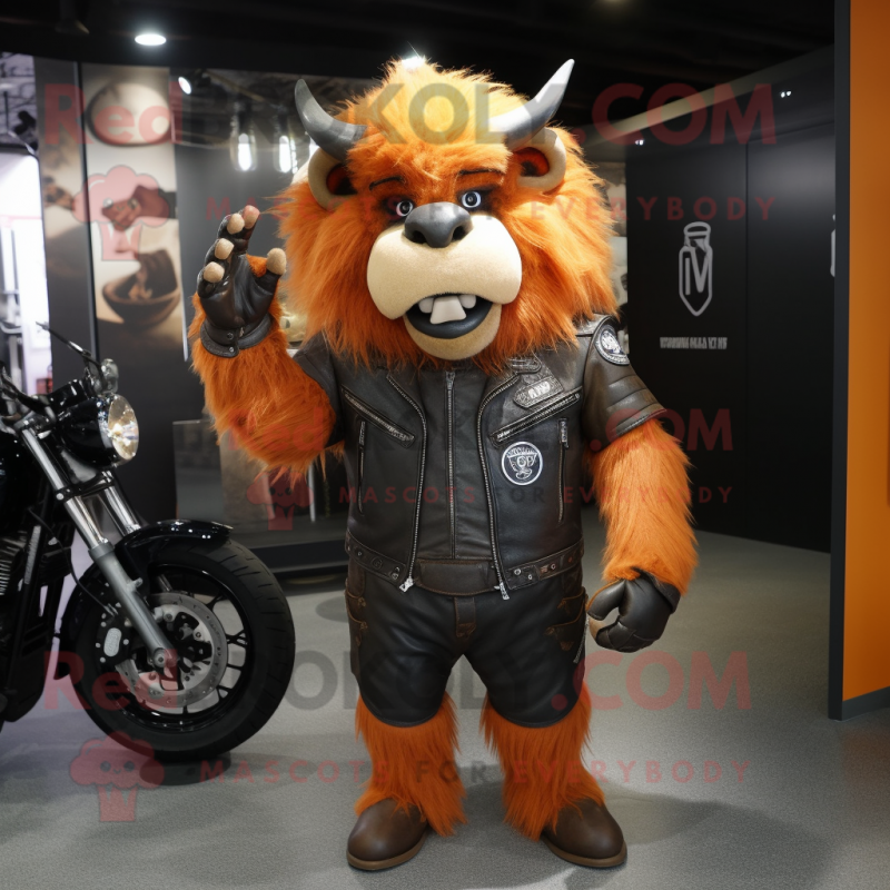 Peach Buffalo mascot costume character dressed with a Biker Jacket and Foot pads