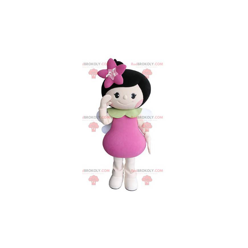 Mascot brunette pige med vinger og en blomst - Redbrokoly.com