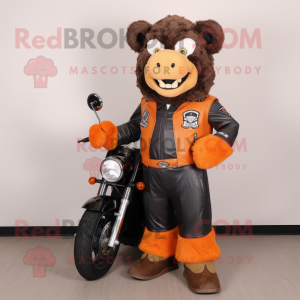 Peach Buffalo mascot costume character dressed with a Biker Jacket and Foot pads