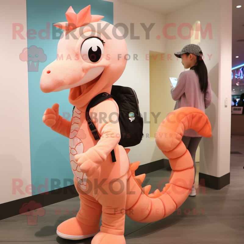 Peach Seahorse mascot costume character dressed with a Hoodie and Messenger bags