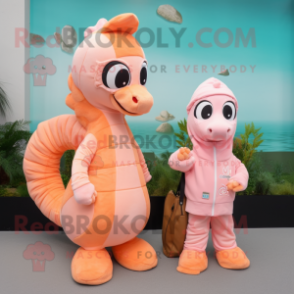 Peach Seahorse mascot costume character dressed with a Hoodie and Messenger bags