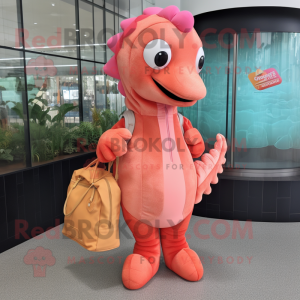 Peach Seahorse mascot costume character dressed with a Hoodie and Messenger bags