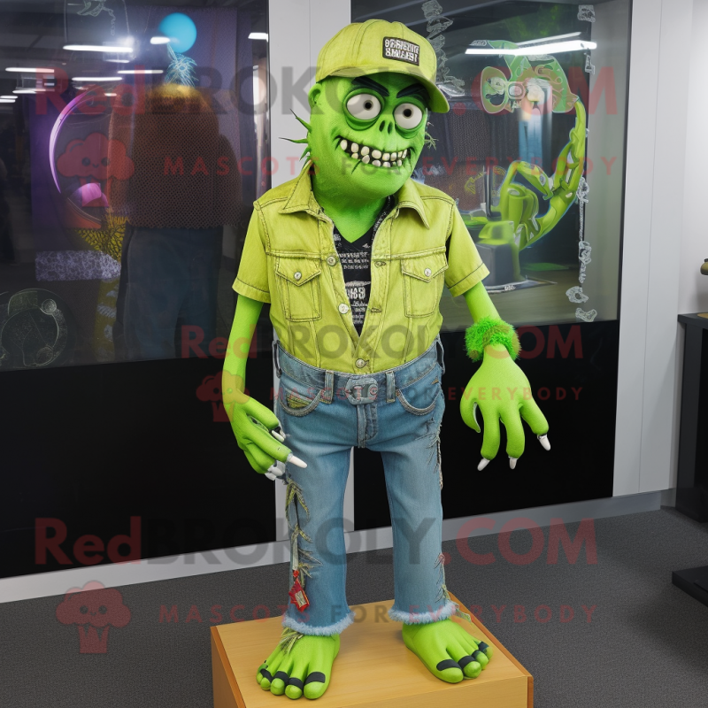 Lime Green Graveyard mascot costume character dressed with a Boyfriend Jeans and Cufflinks