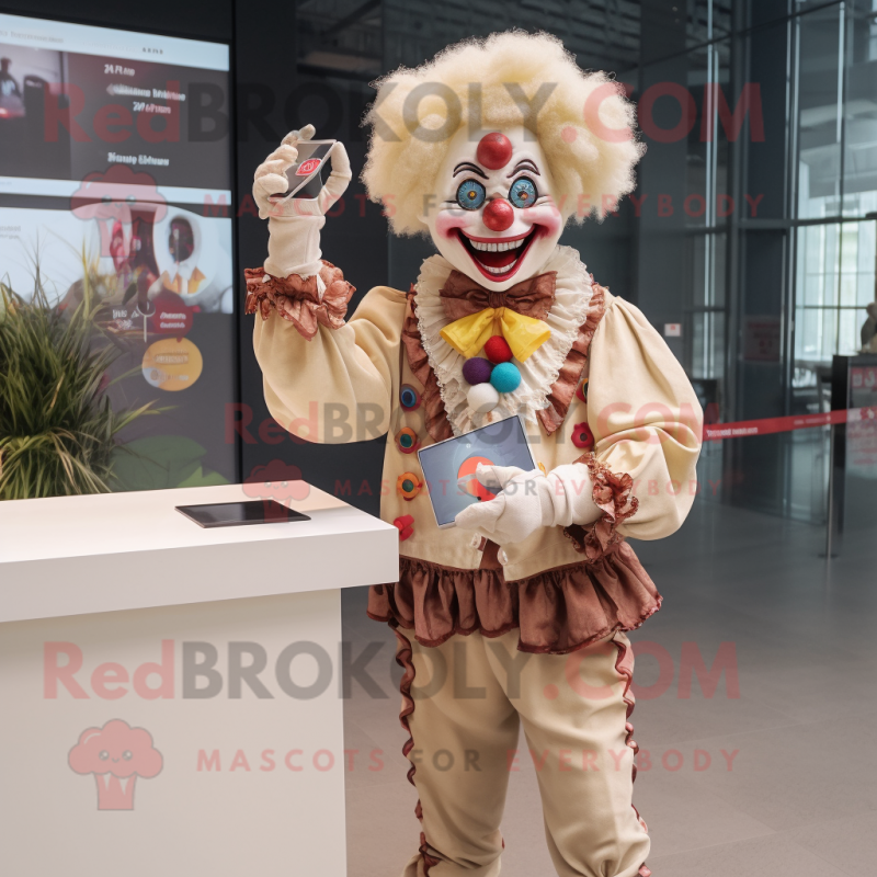 Beige Clown mascot costume character dressed with a Blouse and Smartwatches