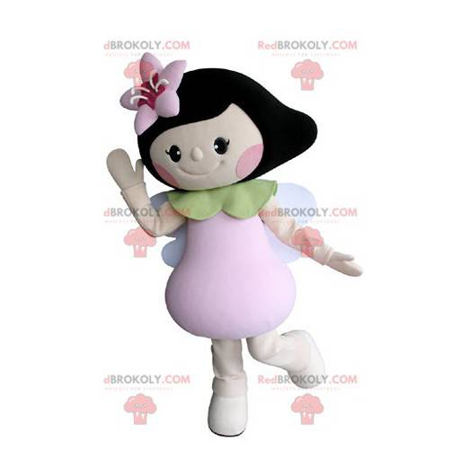 Menina morena mascote com asas e uma flor - Redbrokoly.com