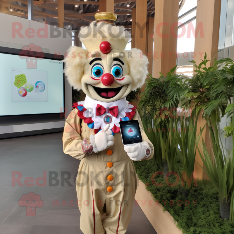 Beige Clown mascot costume character dressed with a Blouse and Smartwatches