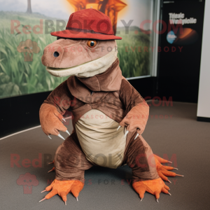 Rust Komodo Dragon mascot costume character dressed with a Culottes and Hat pins