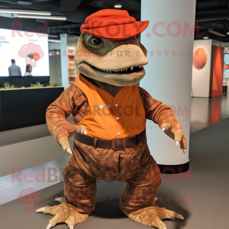 Rust Komodo Dragon mascot costume character dressed with a Culottes and Hat pins