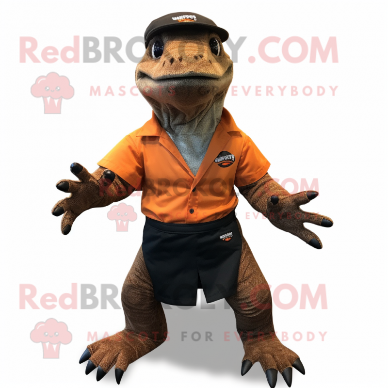 Rust Komodo Dragon mascot costume character dressed with a Culottes and Hat pins