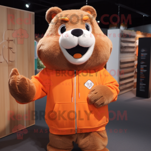Orange Beaver mascot costume character dressed with a Sweatshirt and Earrings