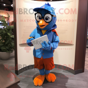 Orange Blue Jay mascot costume character dressed with a Jacket and Reading glasses