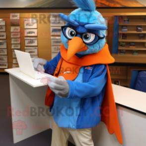 Orange Blue Jay mascot costume character dressed with a Jacket and Reading glasses