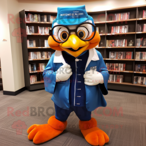 Orange Blue Jay mascot costume character dressed with a Jacket and Reading glasses