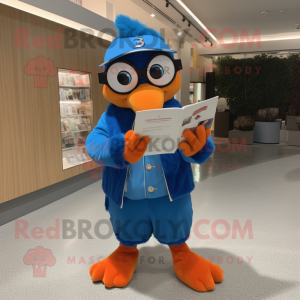 Orange Blue Jay mascot costume character dressed with a Jacket and Reading glasses