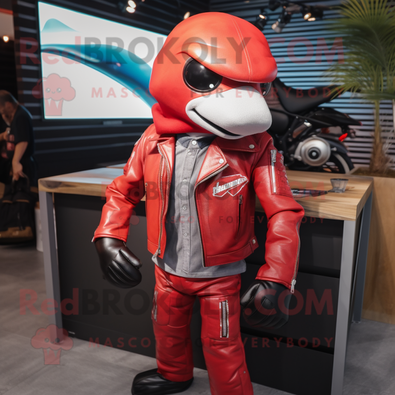 Red Dolphin mascot costume character dressed with a Biker Jacket and Backpacks