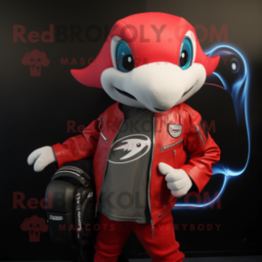 Red Dolphin mascot costume character dressed with a Biker Jacket and Backpacks