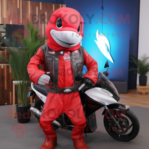 Red Dolphin mascot costume character dressed with a Biker Jacket and Backpacks