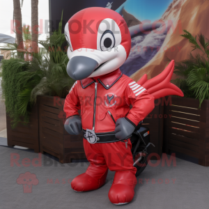 Red Dolphin mascot costume character dressed with a Biker Jacket and Backpacks