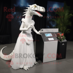 White Spinosaurus mascot costume character dressed with a Wedding Dress and Wallets