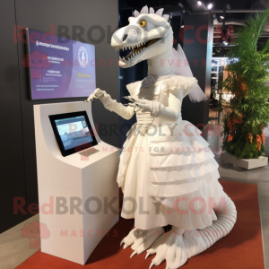 White Spinosaurus mascot costume character dressed with a Wedding Dress and Wallets