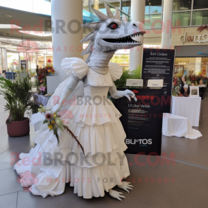 White Spinosaurus mascot costume character dressed with a Wedding Dress and Wallets