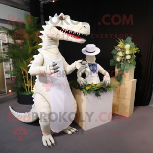 White Spinosaurus mascot costume character dressed with a Wedding Dress and Wallets