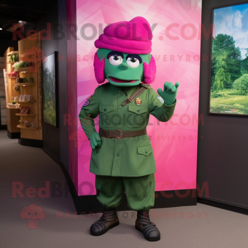 Magenta Green Beret mascot costume character dressed with a Sheath Dress and Clutch bags Magenta Green Beret mascot costume character dressed with a Sheath Dress and Clutch bags