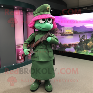 Magenta Green Beret mascot costume character dressed with a Sheath Dress and Clutch bags