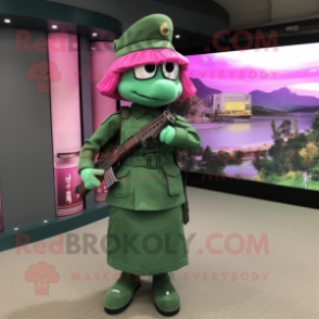 Magenta Green Beret mascot costume character dressed with a Sheath Dress and Clutch bags